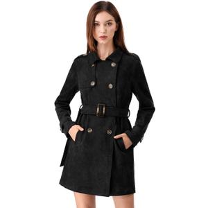 Allegra K Women's Faux Suede Trench Coat Notched Lapel Double Breasted Jacket with Belt M