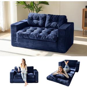 MAXYOYO Convertible Sofa Bed, Pull Out Loveseat Sleeper Sofa, 2 in 1 Folding Couch Bed, Fold Out Floor Couch with Pillows for Living Room Bedroom Lounge, Navy