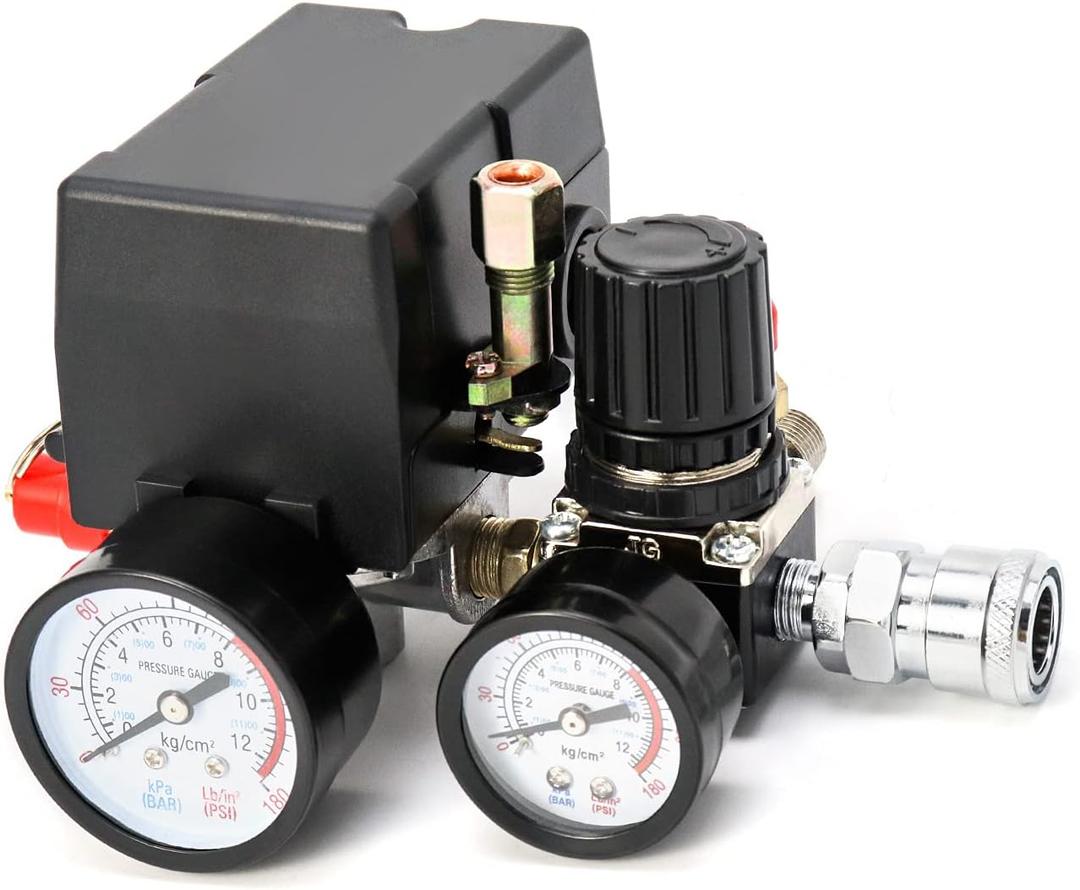 QWORK Air Compressor Pressure Switch Control Valve, 90-120PSI Pressure Regulator with Pressure Gauges Fittings Set