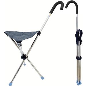 Cane with Seat - Portable Stool Chair, Supports Up to 200 Lbs cameping Chairs, Lightweight Up to 1.4 Lbs, Suitable for Men, Women, Seniors, People with Disabilities (Bent Handle Black)