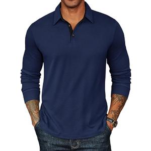 Men's Long Sleeve Polo Shirts for Men, Casual & Work Golf Polo Shirts with Split Hem,Stylish Collared Shirt, Dark Blue 2XL