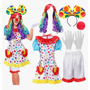 6 Pcs Clown Costume Set Women Circus Dress Rainbow Clown Wig Headband Nose Shorts Gloves for Halloween cosplay, Size L