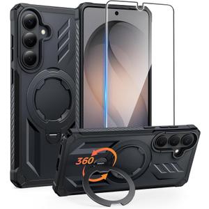 FNTCASE for Samsung Galaxy S26+ Plus Case: with [Magnetic Ring Kickstand] [Screen Protector] [Compatible with MagSafe] [Military-Grade Drop Protection] Shockproof Grip Bumper TPU Sturdy Cases Black