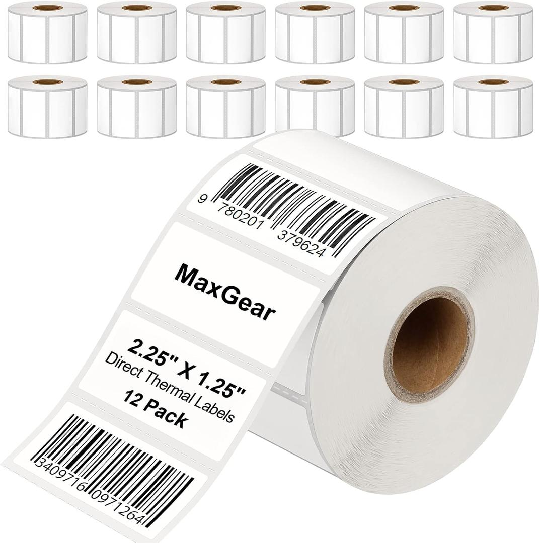 MaxGear 2.25" X 1.25" Direct Thermal Labels, Perforated UPC Barcode & FBA Address Stickers, Premium Permanent Adhesive Shipping Labels, Compatible with Rollo & Zebra (12 Rolls, 1000 Pcs/Roll)