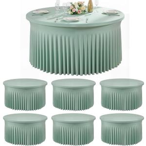 6 Pack Sage Green Spandex Round Tablecloths for 72 inch Table, Wrinkle Free Stretchy 132inch Fitted 6ft Round Table Cover Cloths with Skirt for Wedding Party Dining Banquet