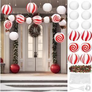 Tuanse 12 Pcs Candy Christmas Decorations Paper Lanterns DIY Ornaments Set with 8 Inch Paper Lanterns 6.6 ft Christmas Garland and Tools for Holiday Xmas Indoor Outdoor Decor(Red White Candy)
