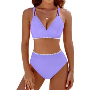 BMJL Women's Bikini Sets V Neck High Waisted Swimsuits Shell Stitched Cheeky Two Piece Bathing Suit, Medium, Purple