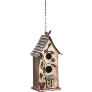 Jemeni 15" H Distressed Metal Birdhouses for Outdoors Hanging, Bird House Decorative for Outside Garden Yard, Double Hole with Floral Accents