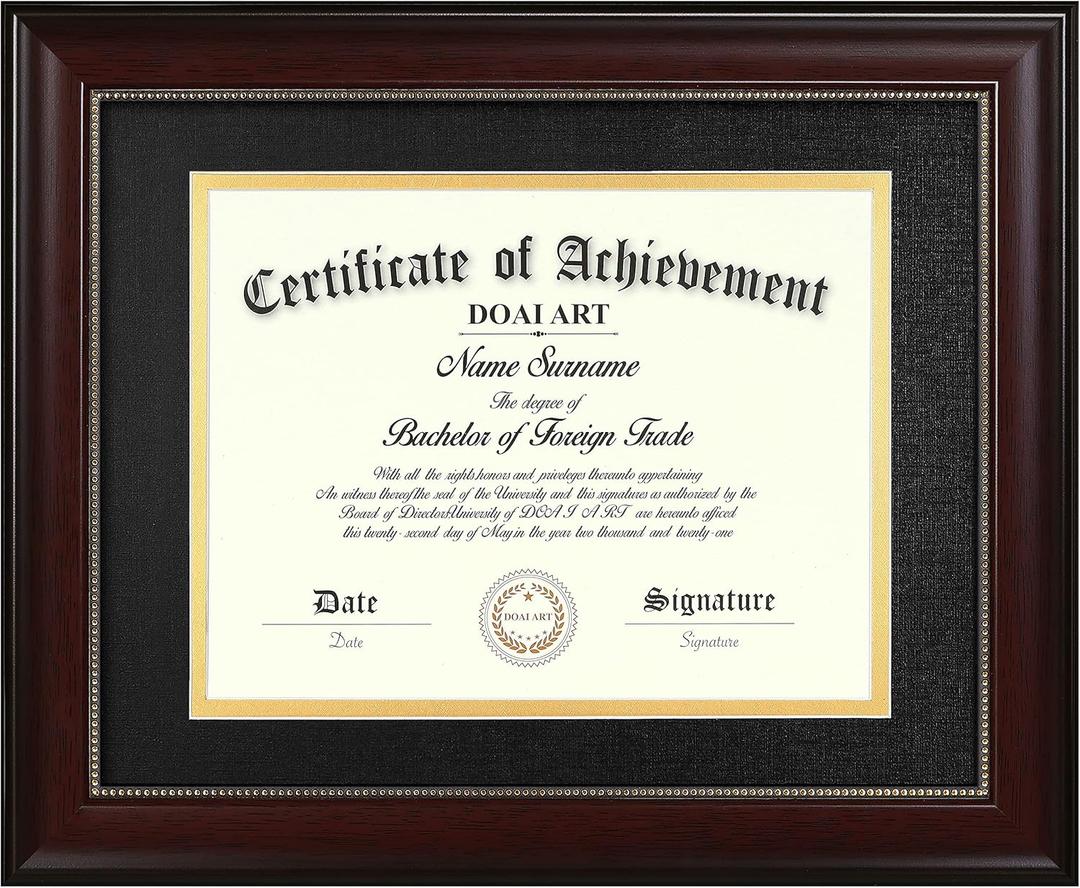 DOAI ART 8.5x11 Diploma Frame Classic Mahogany Color Display 8.5x11-inch with Black Over Gold Mat or 11x14 Document &Certificate Without Mat,Wide Molding, Gold Beads Hanging Hardware Included