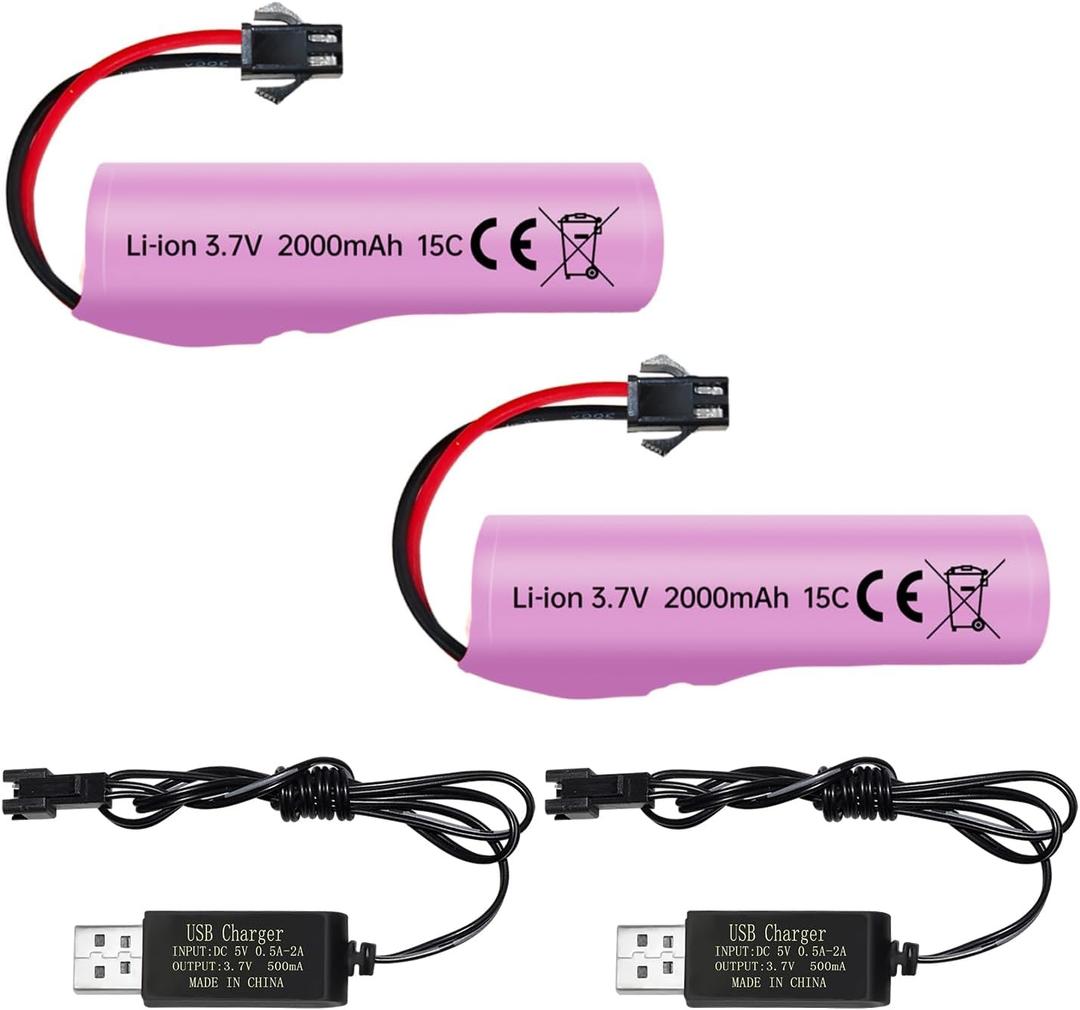 sea jump 2PCS 3.7V 2000mAh SM-2P Plug Lithium Battery + 2PCS USB Charging Cable for DE68 DE44 DE45W DE45 DE58 DE49 DE57 DE70 Off-Road Vehicles,Trucks,Tanks,RC Toy Cars