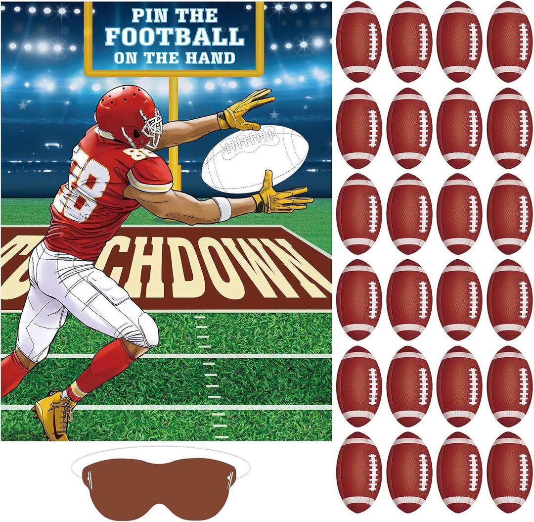 Faccito Football Games for Kids Pin The Football on The Hand Pin The Goalpost with 24 Pcs Stickers Large Poster Blindfold for Sports Theme Birthday Party Decorations Kids Adults Activities Supplies