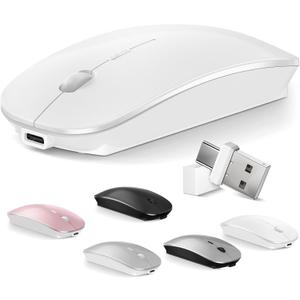 Normdecos Mouse for MacBook Wireless Bluetooth Mouse Laptop MacBook Air Mac Pro Rechargeable Silent PC iPad Optical Mice with Dual Mode Switch Bluetooth 5.2/3.0 and 2.4GHz USB Type-C Receiver White