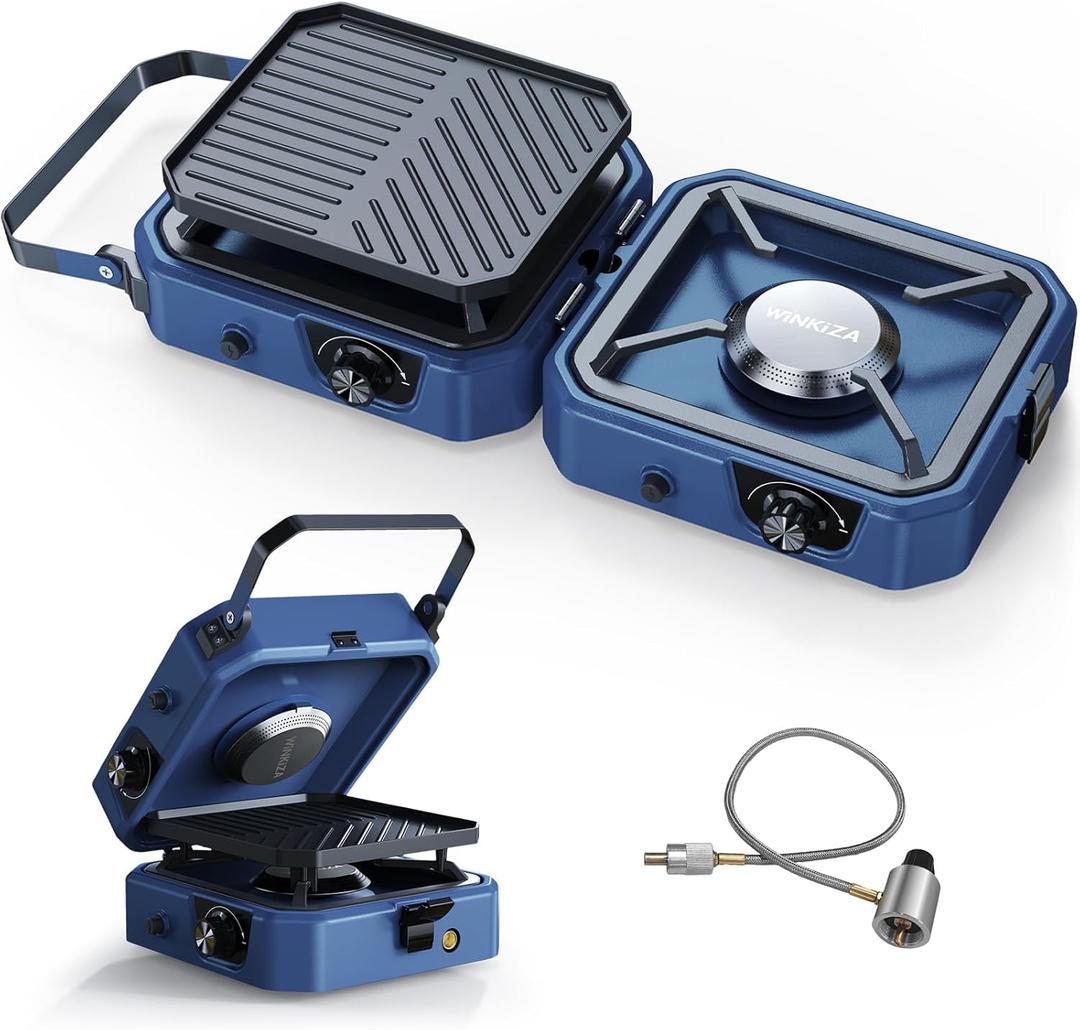 Upgraded WINKIZA 2 Burner Propane Camping Stove with Grill, Foldable Camp Stove with 16,000 BTU, Two Adjustable Burners with Piezo Ignition & Easy Carrying Handle, Portable Stove for Camping, BBQ