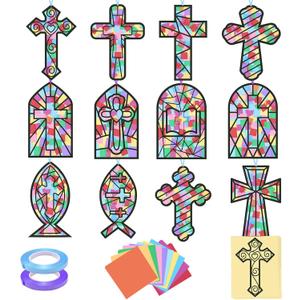 36 Pcs Religious Cross Suncatchers Craft DIY Religious Window Stained Glass Tissue Paper Arts Crafts for VBS Christian Home Sunday School Classroom Easter Spring Window Art Party Favor Decor