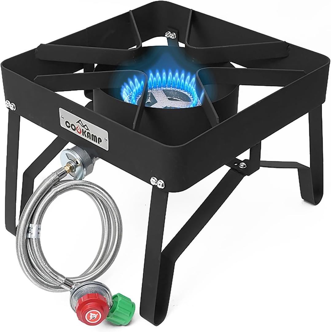 High Pressure Gas Cooker Outdoor Propane Burner with 0-20 PSI Adjustable Regulator and Steel Braided Hose (STEEL) SA1100