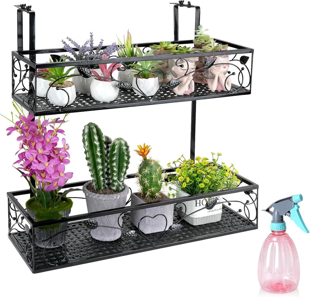 2-Tier Balcony Flower Pot Stand Rack, Hanging Railing Planter Shelf Basket, Height Adjustable Iron Hanging Flower Pot Holder for Balcony Decor Patio Porch Fence Railing