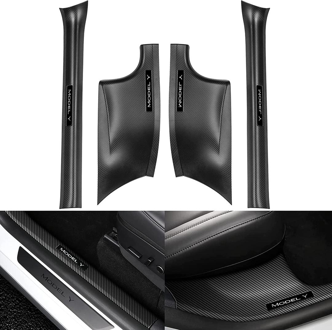 Topfit for Tesla Model Y Door Sill Protector 5 Seater (NOT Fit 7 Seater) Carbon Fiber Front and Rear Door Car Pedal Kick Protection Strip Styling Covers Accessories(4 Packs)