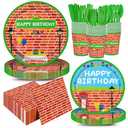 168pcs Red Brick Wall Street Birthday Party Supplies Plates Napkins Paper Cups Disposable Tableware Set Modern Cartoon Street Party Decorations for Kids Boys Birthday Decor Serves 24