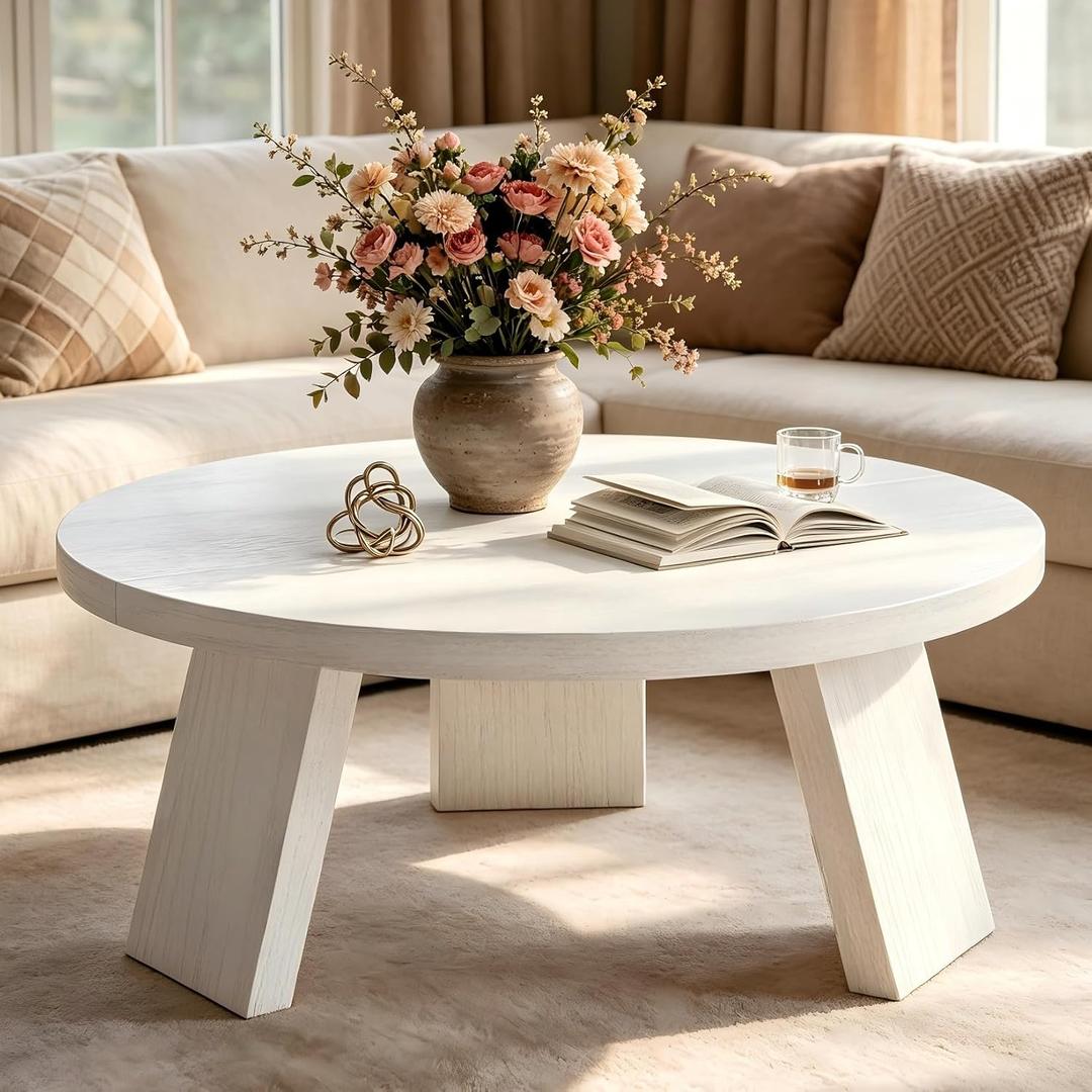Garvee Round Coffee Table, Modern Center Table with Inclined Legs, Accent Cocktail Tables for Living Room, Bedroom, Easy Assembly, White, 33.5 Dia. x 15.75 H Inches