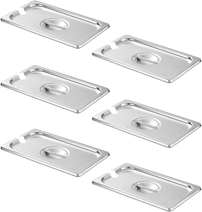 HECMAC 6-Pack 1/4 Size Slotted Hotel Pan Cover, Stainless Steel Solid Steam Table Catering Food Pan Lid with Handle