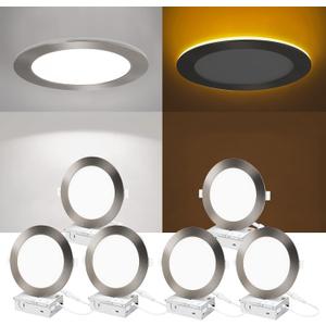 ZYC Recessed Lighting 6 Inch - 12W 1100LM LED Recessed Ceiling Light with Night Light,5CCT 2700K-6000K Selectable Ultra-Thin Lighting, Dimmable Canless Wafer Downlight,Pack of 6 Brushed Nickel.