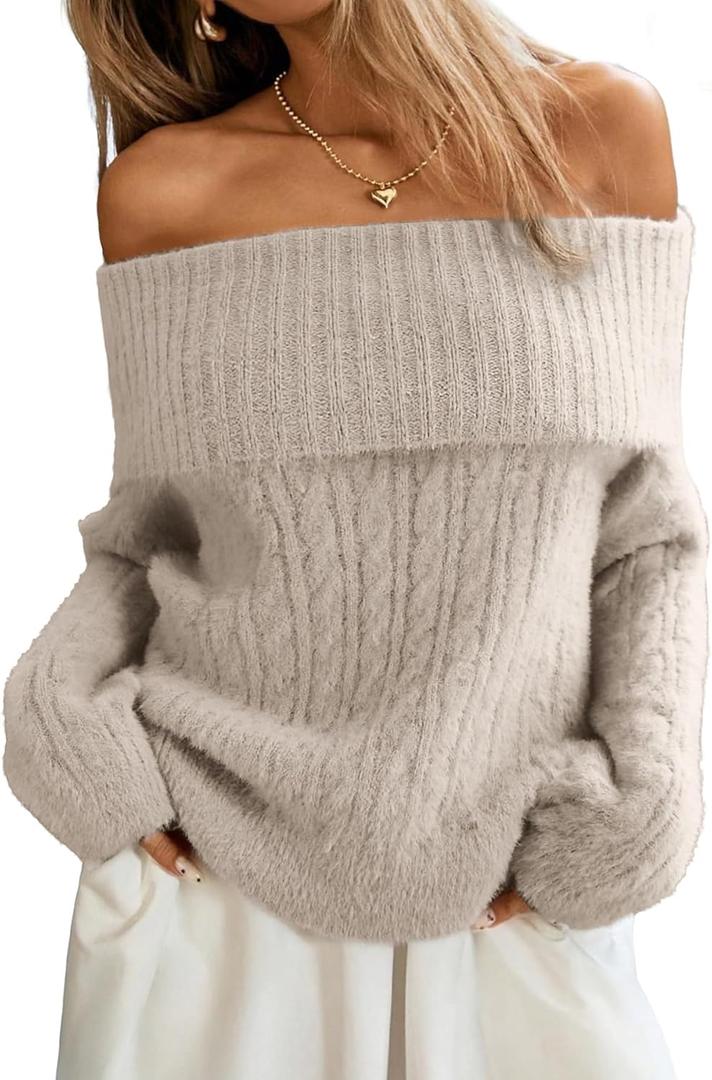 ELLEVEN Womens Off Shoulder Cable Knit Sweater, Soft Oversized Pullover for Casual Fall Winter Outfits (Large, Khaki)