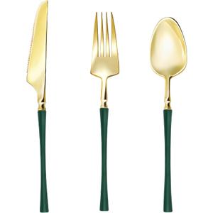 Lullaby 150pcs Gold Plastic Silverware, High End Disposable Cutlery with Dark Green Handle Include 50 Forks, 50 Spoons, 50 Knives, Elegant Silverware for Wedding, Party, Gathering and Daily Use