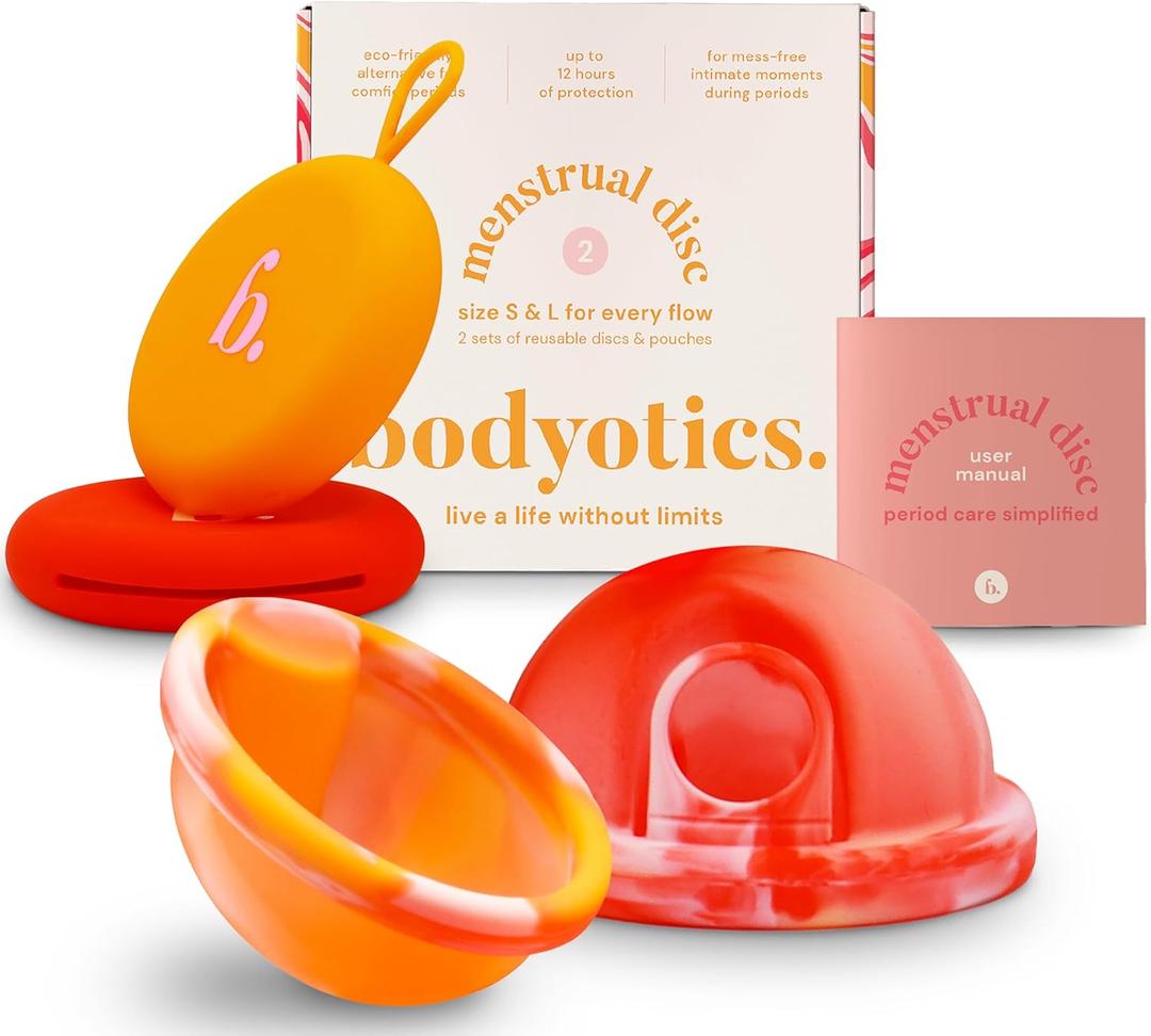 Menstrual Disc Reusable, 2-Pack Size S & L - Softer Than Menstrual Cups and Can Be Used Intimate Moments - Comfort-Fit Period Disc Set with 12 Hr Wear - 100% Medical Grade Silicone (Red and Orange)