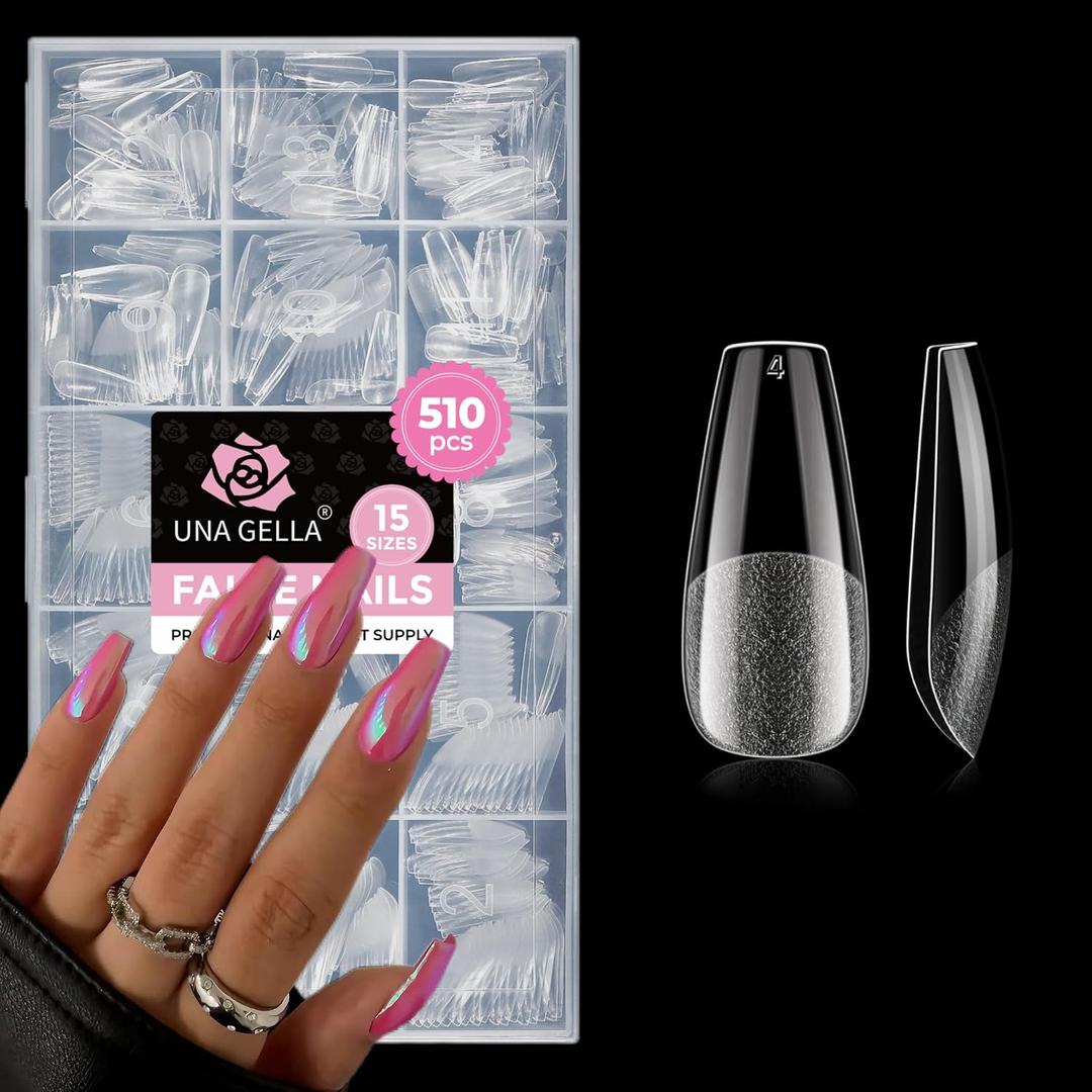 UNA GELLA Soft Gel Medium Coffin Nails Tips, 510Pcs 15 Sizes Pre-Buffed Full Cover False Nails, No File Needed Inner Matte Gel Tips, Clear PMMA Soak Off Acrylic Nail Extensions for DIY Nail Art