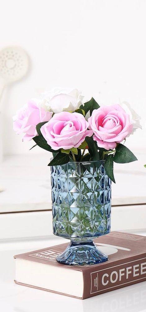 MCMCNCUIU Crystal Vases for Centerpieces, Blue Flower Glass Vases Set of 1, Pedestal Glass Vases for Living Room, Bedroom, Dining Table, Birthday, Wedding, 7 inch