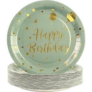 50 Pack Sage Green and Gold Happy Birthday Paper Plates, 7 inch Metallic Foil Polka Dots Disposable Dessert Party Supplies Plates for Graduation St Patricks Wedding Holiday Christma Party Decorations
