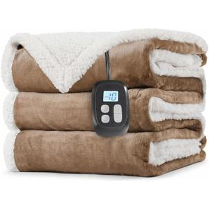 LaffyLo Electric Heated Blanket Full Size 72 x 84, Fast Heating Blanket, Dual-Sided Flannel Sherpa, 10 Heat Settings, 1-12 Hour Auto Off, Machine Washable, Light Brown