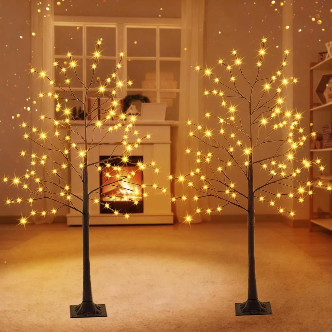 2 Pcs 4ft-96led Lighted Brown Birch Tree Artificial Warm White LED Lights Birch Trees for Home Indoor Outdoor Decor Thanksgiving Christmas Holiday Decor, 8 Modes of Lighting