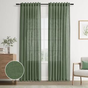 Joywell Olive Green Back Tab Linen Curtains 96 Inches Long 2 Panels for Living Room Bedroom Neutral Boho Farmhouse Rustic Light Filtering Semi Sheer Curtains Window Treatment 52x96