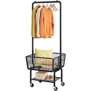 Tajsoon Rolling Laundry Cart with Hanging Rack & Laundry Basket, Black, Large