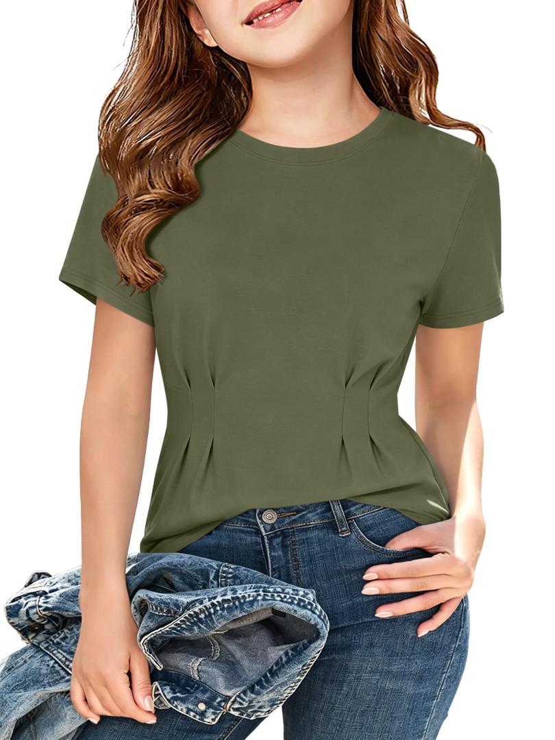 ZDC Girls Pleated Short Sleeve T Shirts Summer Crewneck Tops Casual Cute Basic Tees, Army Green, 140