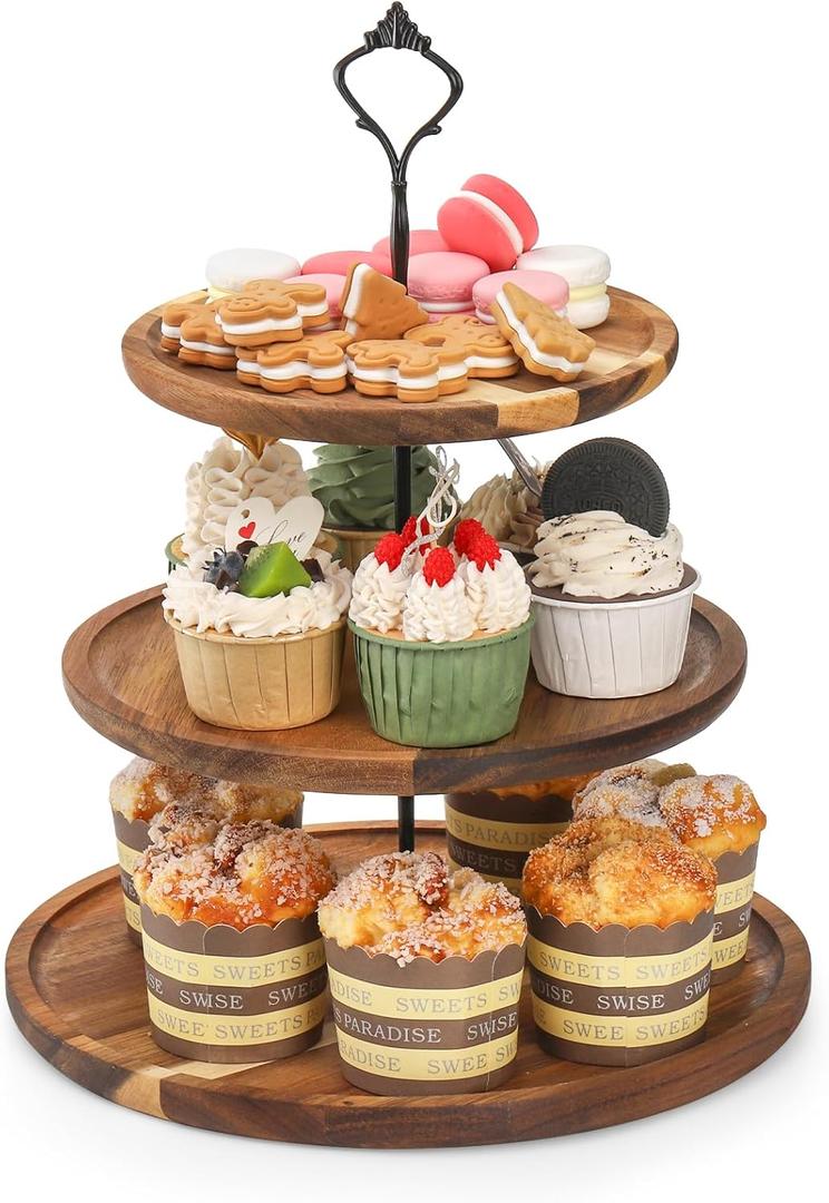 Elsjoy 3 Tier Wood Cupcake Stand, Large Acacia Wood Dessert Display Tower Wooden Tiered Cake Tray Stand, Vintage Cupcake Holder for Wedding, Birthday, Tea Party
