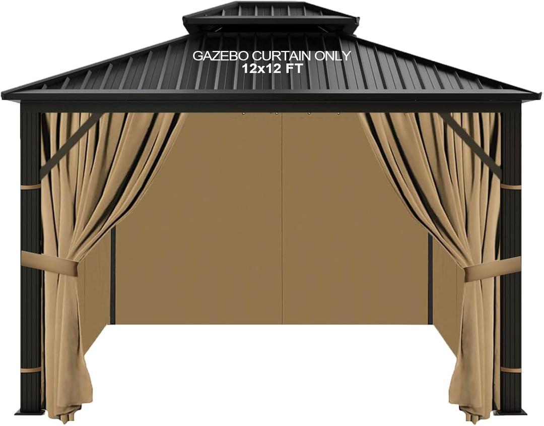 slashome 12'x12' Gazebo Curtains Outdoor Waterproof, Khaki Universal Replacement Curtain 4-Panels, Sidewalls with Zipper for Garden, Patio, Yard (Only Curtains)