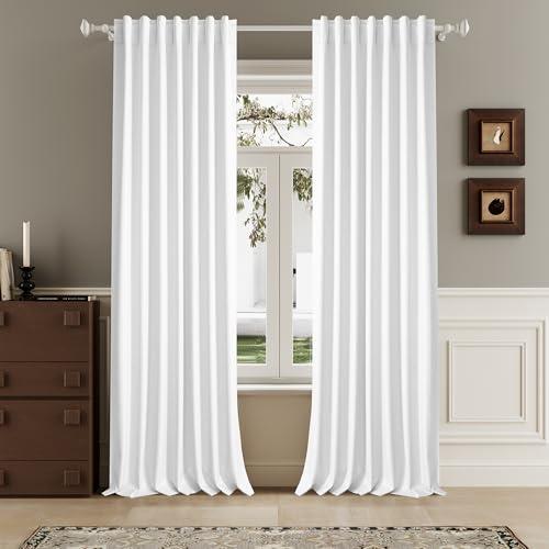 DUALIFE Blackout 96 Inches Long Pure White Curtains 2 Panel Set, Farmhouse Curtains for Living Room Darkening Thermal/Noise Reduction Textured Flax Linen Drape 8ft Rod Pocket&Back Tab 72W x 96L