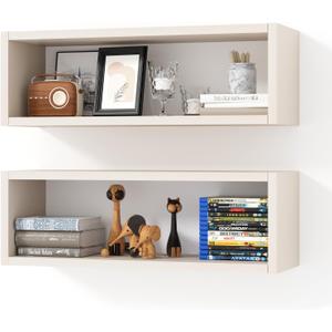 Kaboon 24in Floating Cube Shelves Set of 2, Display Shelves Wall Mount, Decorative Hanging Shelves for Kitchen Living Room Office,(Beige Leather, Rectangle 2 Cubes)