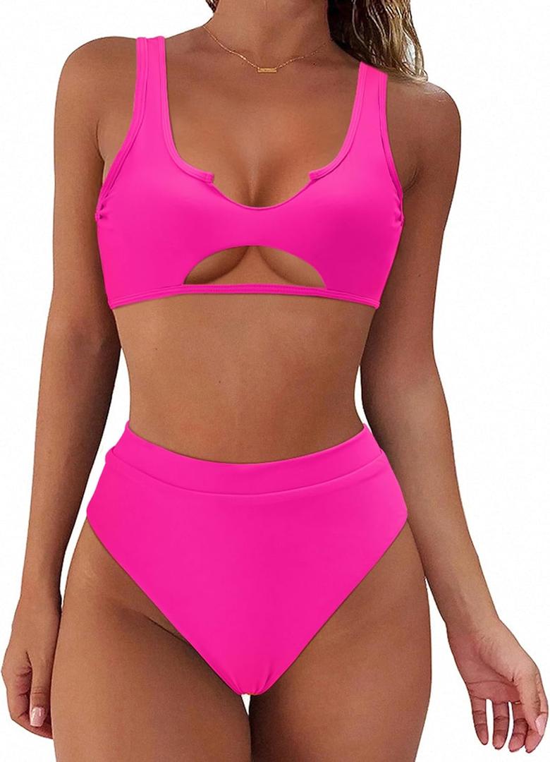 SUUKSESS Women Cutout Bikini Sets Push Up High Waisted Swimsuits 2 Piece (6-8, Pink) L