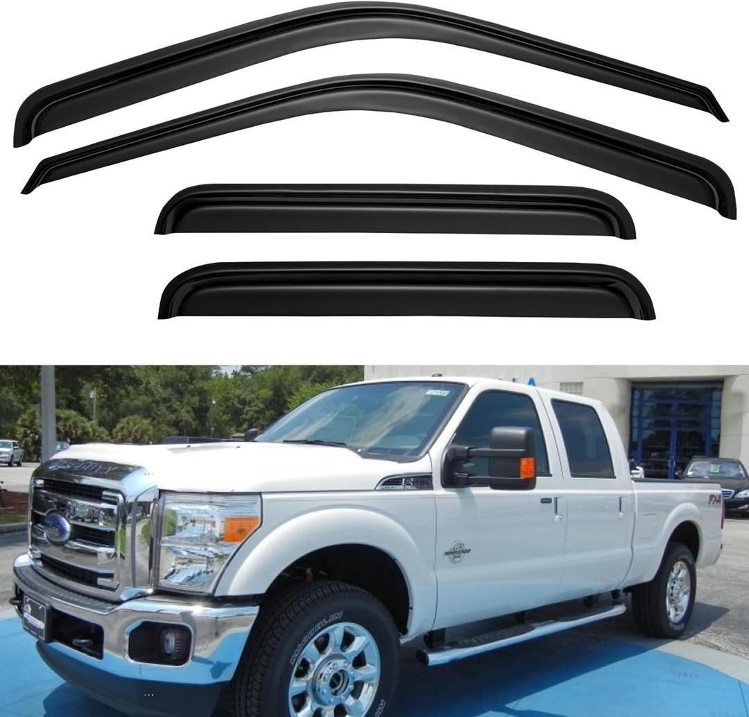 Window Visors Rain Guards for 1999-2016 Ford F250 F350 F450 F550 Super Duty, Out-Channel Window Vent Wind Deflectors Visors Shades for 99-16 F-250 F-350 F-450 F-550 SuperCrew Cab