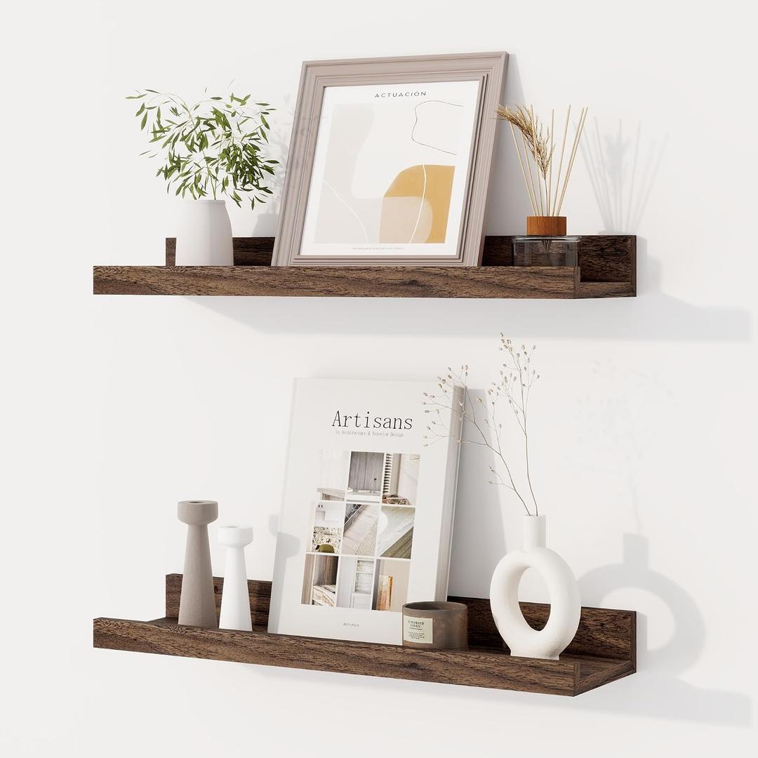 Dreamland Picture Ledge Shelf for Wall, Floating Shelves Set of 2,18 inch Long Floating Shelves with Lip for Living Room,Bedroom,Bathroom,Kitchen,Walnut