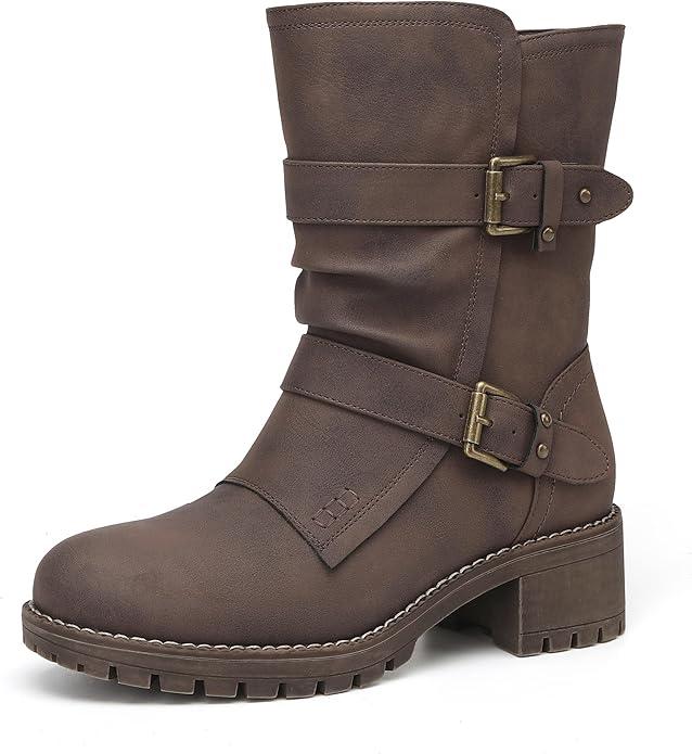 Women's Motorcycle Boots Mid Calf PU Leather Biker Boots - Stylish Women's Black Brown Riding Boots for Motorcycle Fight and Festival, Size: 8