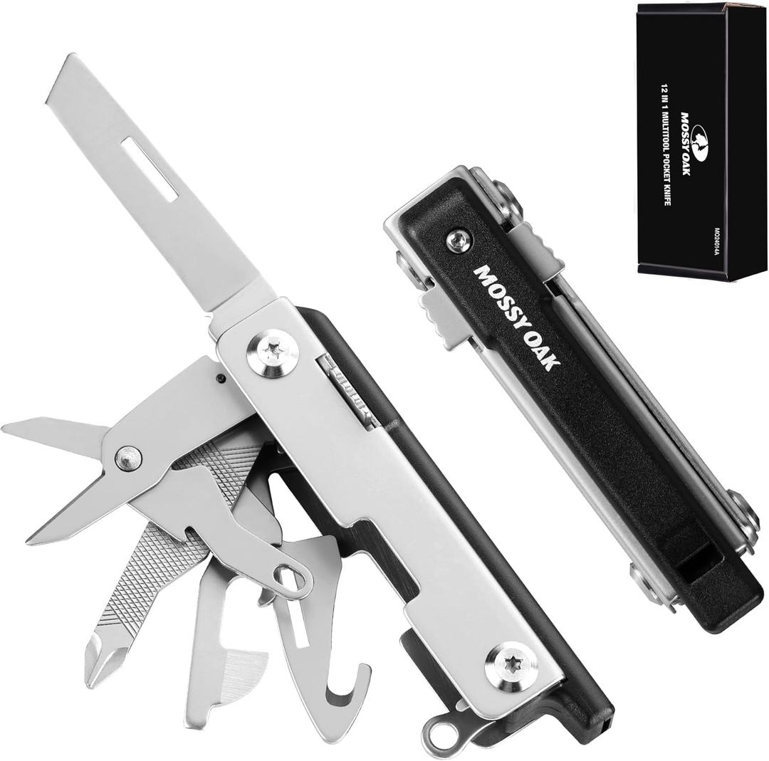 Mossy Oak Multitool,12-in-1 EDC Keychain Multitool with Pocket Knife, Scissors, Screwdrivers, Bottle Openers, Whistle - Mini Gadgets for Outdoor, Camping, Hiking, Survival, Repairing for Men