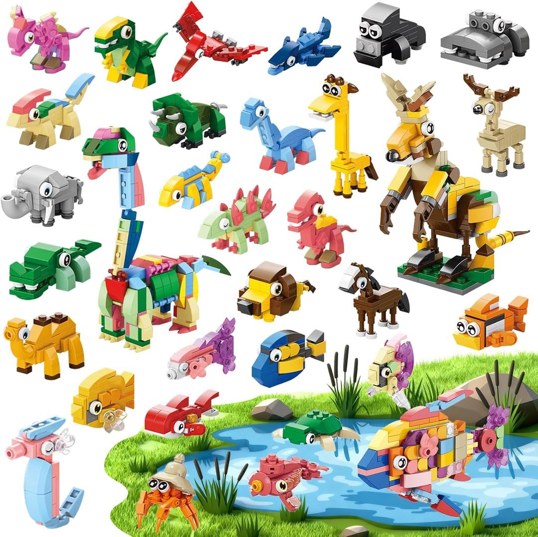 30 Packs Animal Party Favors for Kids, 999+ PCS Mini Building Blocks, 3 Styles Dinosaur/Sea/Forest 10-in-1 Models, Goodie Bag Fillers, Classroom Treasure Box Valentines Gifts for Kids