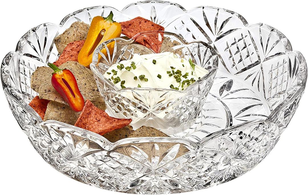 Godinger Dublin Chip and Dip Server,  Crystal Platter Dish, for Appetizers, Snacks, Vegetables & Dips  Serving Tray for Entertaining