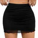 Avanova Women Mesh Bodycon Mini Skirt High Waist Ruched Summer Short Skirt (X-Small, Black)
