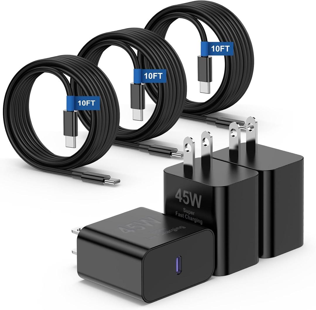 3Pack 45W Super Fast Charger Type C 10FT, USB C Android Phone Charger Fast Charging Block with Ertra Long Type-C Charger Cord for Samsung Galaxy S25/S25 Ultra/S25+/S24 Ultra/S24/S24+/S23/S22/S21/S20