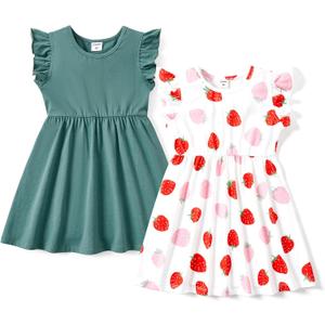PATPAT Toddler Girl's Floral Dress Sets Pack Ruffle Sleeve Sleeveless A-line Skater Strawberry Dresses Set Green 2 Years
